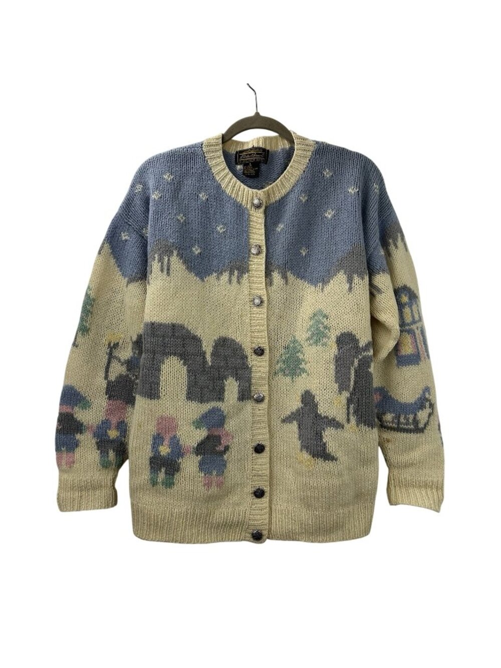 VTG 90s Eddie Bauer Women L Winter Scene 100% Wool Cardigan Penguin Igloo Sleigh
